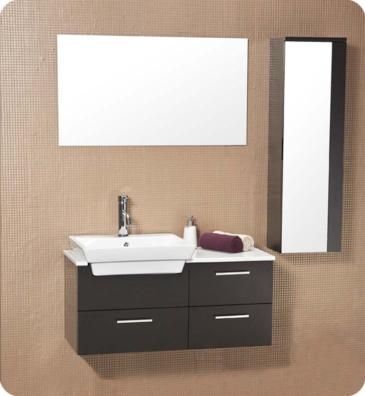 36 inch Espresso Modern Bathroom Vanity with Mirrored Side Cabinet