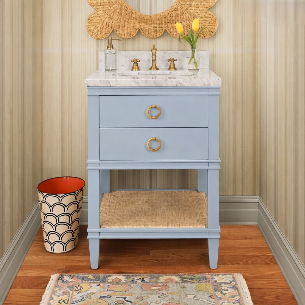 Issac Edwards 24" Bathroom Vanity in Matte Light Blue Lacquer with Open Cane Shelf, White Marble Top, Porcelain Sink, and Antique Brass Ring Hardware