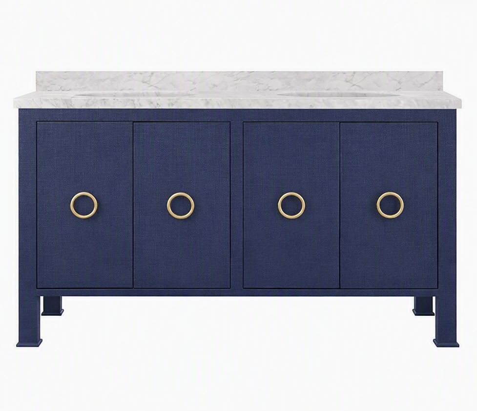 Issac Edwards 60" Bath Vanity in Textured Navy Linen with Antique Brass Hardware, White Marble Top and Double Porcelain Sinks
