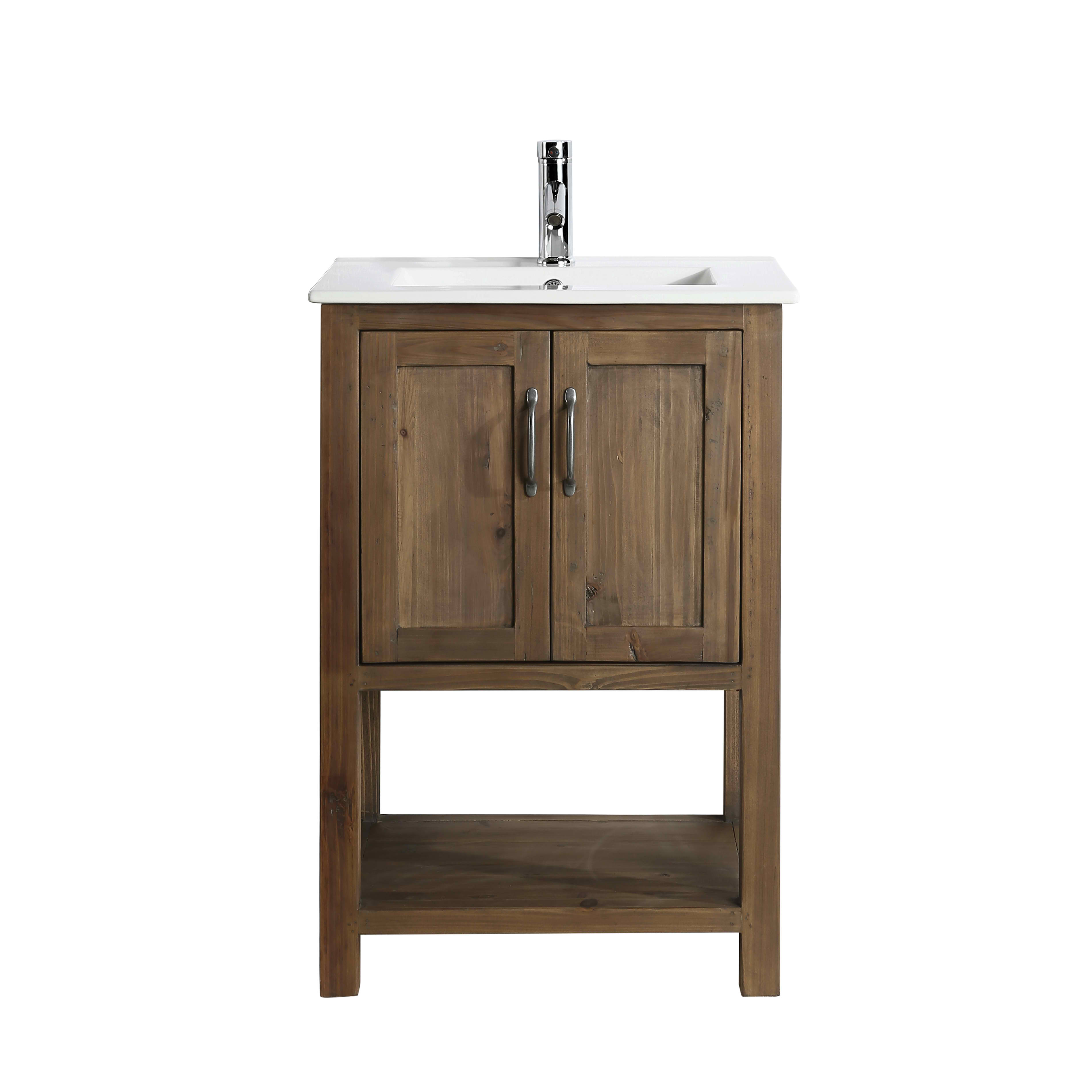 Rustic 24" Single Sink Bathroom Vanity with Porcelain Integrated Countertop in Walnut Finish