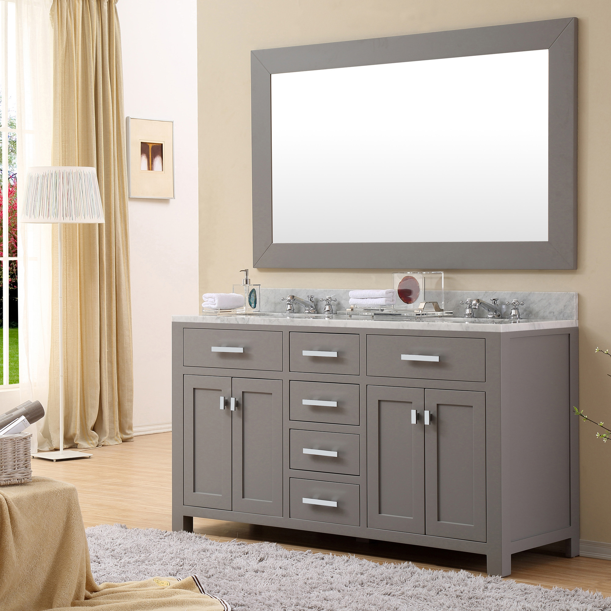 60 inch Gray Double Sink Bathroom Vanity White Marble Top with Linen Cabinet 