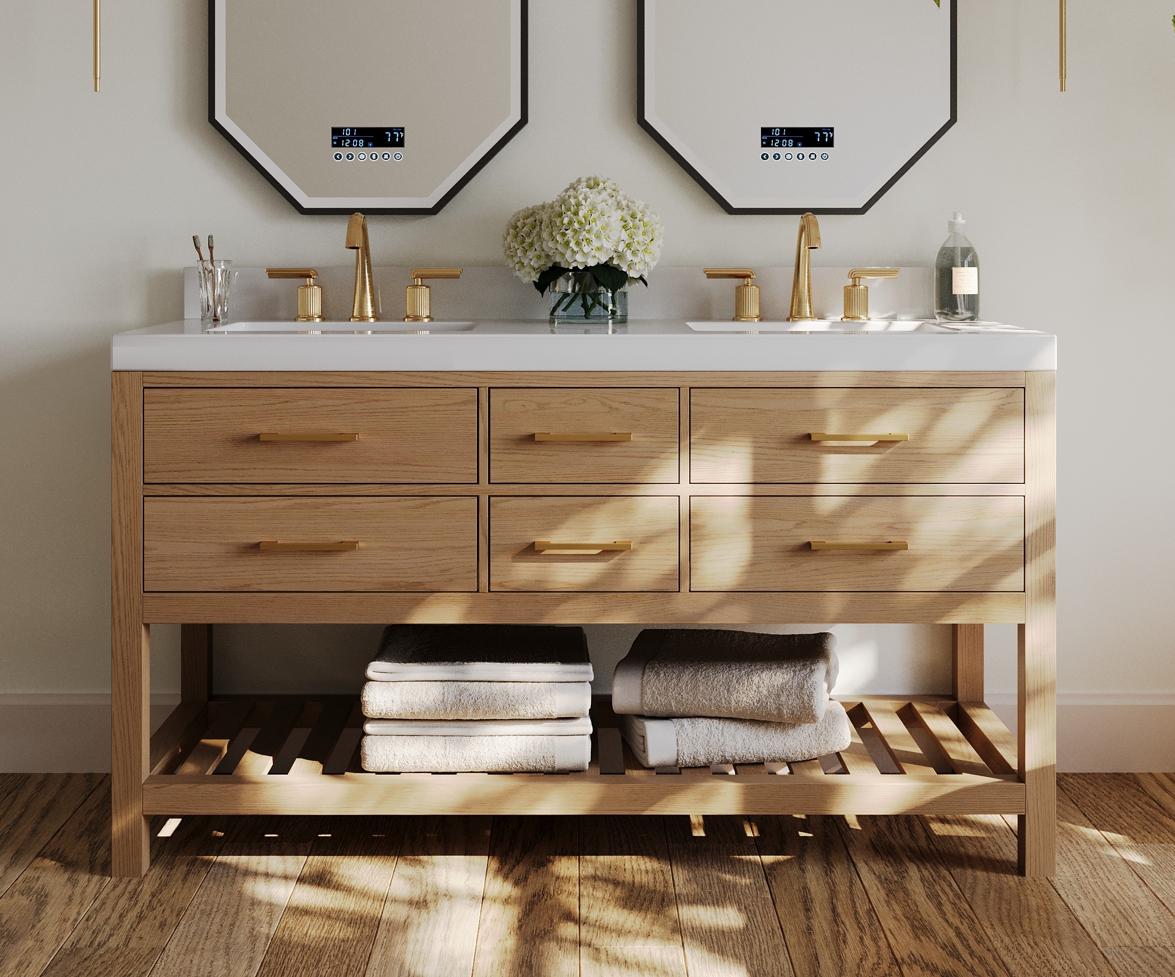 60" Double Bathroom Vanity in Oak Finish with White quartz Vanity Top and White Undermount Basin