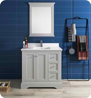 36" Gray Textured Traditional Bathroom Vanity with Mirror