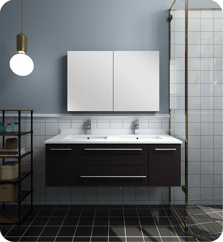 48" Espresso Wall Hung Double Undermount Sink Modern Bathroom Vanity with Medicine Cabinet