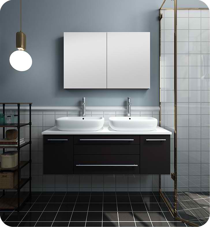 48" Espresso Wall Hung Double Vessel Sink Modern Bathroom Vanity with Medicine Cabinet