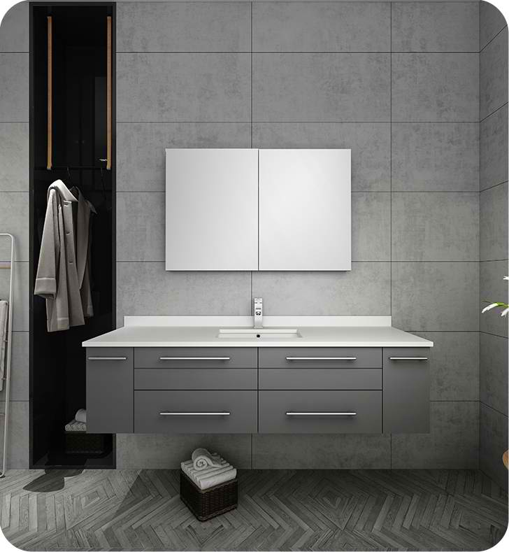60" Gray Wall Hung Single Undermount Sink Modern Bathroom Vanity with Medicine Cabinet