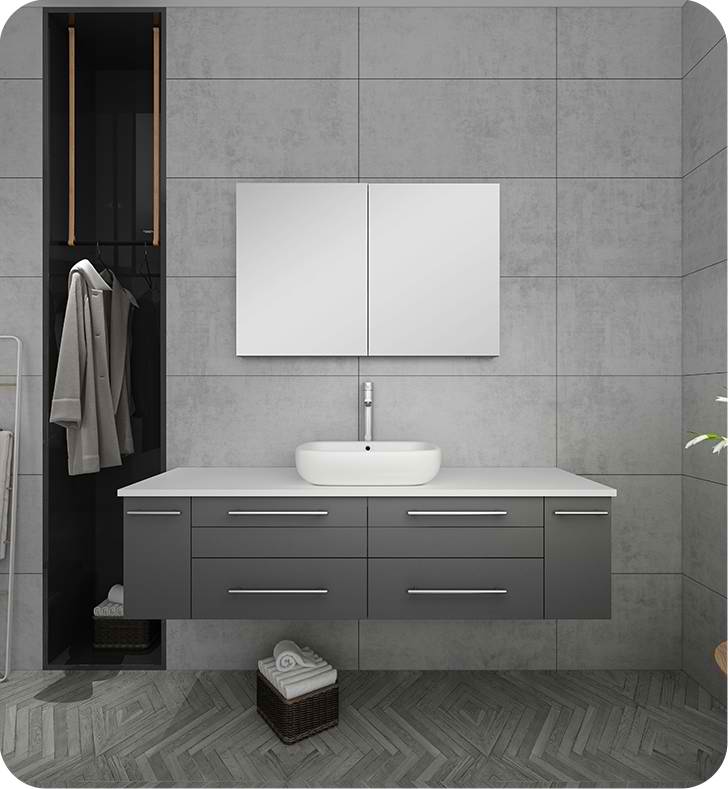 60" Gray Wall Hung Single Vessel Sink Modern Bathroom Vanity with Medicine Cabinet