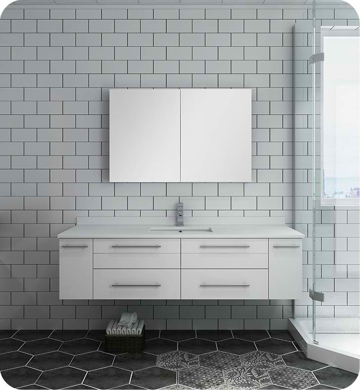 60" White Wall Hung Single Undermount Sink Modern Bathroom Vanity with Medicine Cabinet