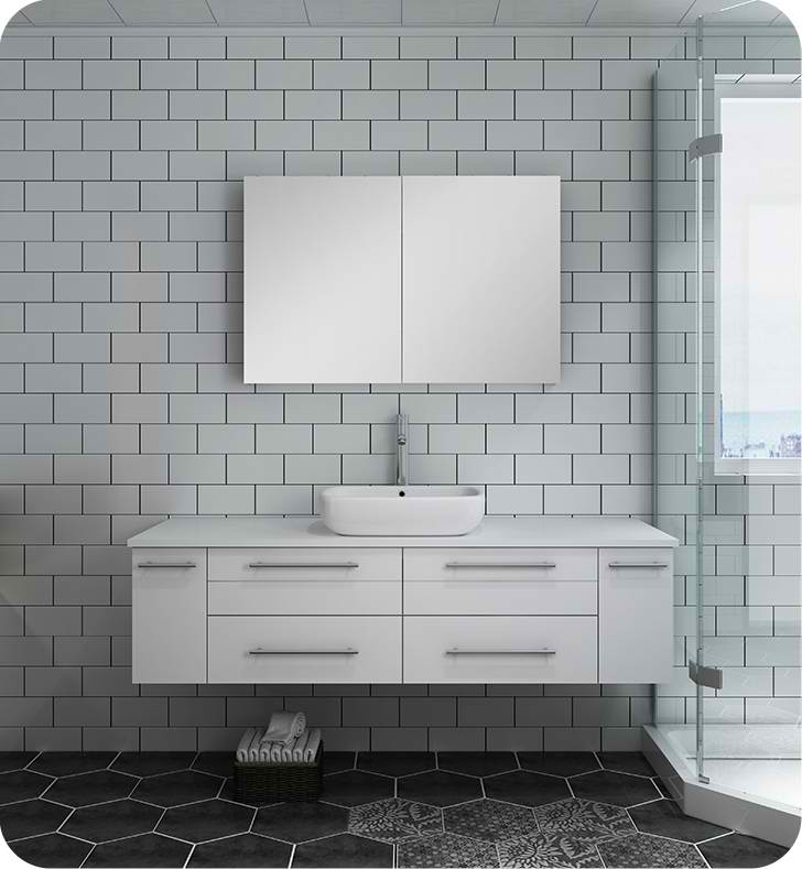 60" White Wall Hung Single Vessel Sink Modern Bathroom Vanity with Medicine Cabinet