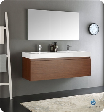 60" Teak Wall Hung Double Sink Modern Bathroom Vanity with Faucet, Medicine Cabinet and Linen Side Cabinet Option