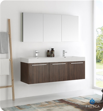 60" Walnut Wall Hung Double Sink Modern Bathroom Vanity with Faucet, Medicine Cabinet and Linen Side Cabinet Options