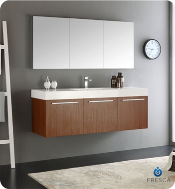 60" Teak Wall Hung Modern Bathroom Vanity with Faucet, Medicine Cabinet and Linen Side Cabinet Option