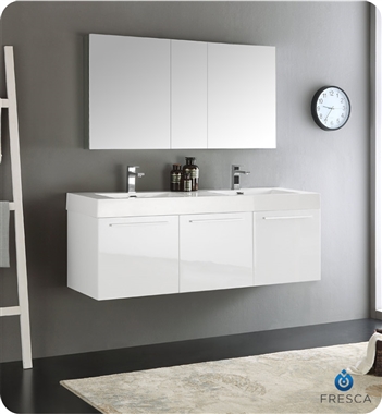 60" White Wall Hung Double Sink Modern Bathroom Vanity with Faucet, Medicine Cabinet and Linen Side Cabinet Options