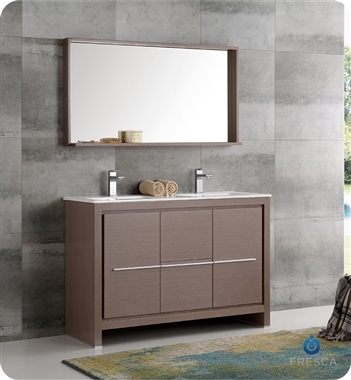 48" Gray Oak Modern Double Sink Bathroom Vanity with Faucet, Medicine Cabinet and Linen Side Cabinet Options
