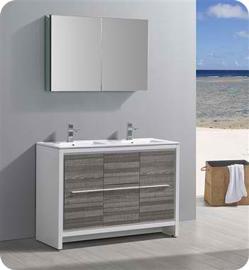 48" Ash Gray Modern Double Sink Bathroom Vanity with Faucet, Medicine Cabinet and Linen Side Cabinet Options
