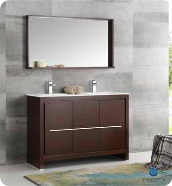 48" Wenge Brown Modern Double Sink Bathroom Vanity with Faucet, Medicine Cabinet and Linen Side Cabinet Options