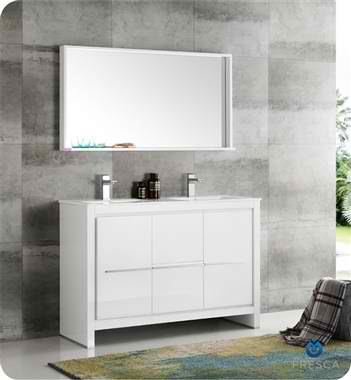 48" White Modern Double Sink Bathroom Vanity with Faucet, Medicine Cabinet and Linen Side Cabinet Options