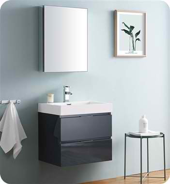 24" Wall Hung Modern Bathroom Vanity with Medicine Cabinet, Dark Slate Gray Finish