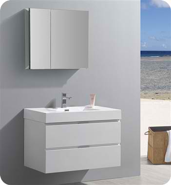 36" Wall Hung Modern Bathroom Vanity with Medicine Cabinet, Glossy White Finish