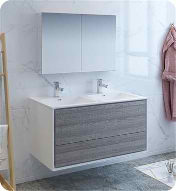 48" Wall Hung Double Sink Modern Bathroom Vanity with Medicine Cabinet, Faucets and Color Options