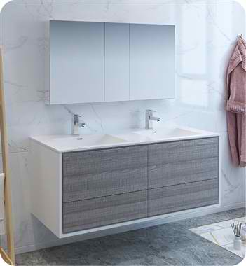 60" Wall Hung Double Sink Modern Bathroom Vanity with Medicine Cabinet, Faucets and Color Options