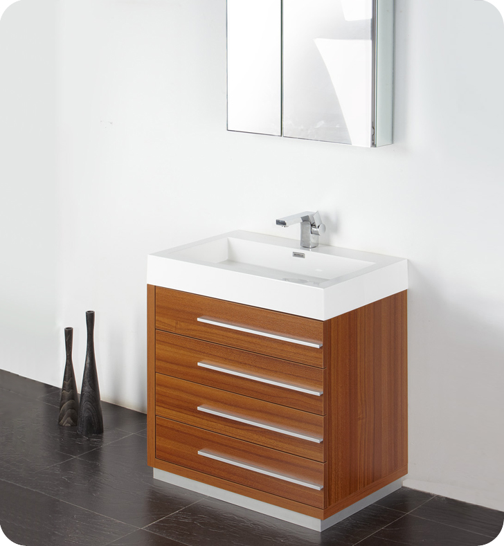 30" Teak Modern Bathroom Vanity with Faucet, Medicine Cabinet and Linen Side Cabinet Option