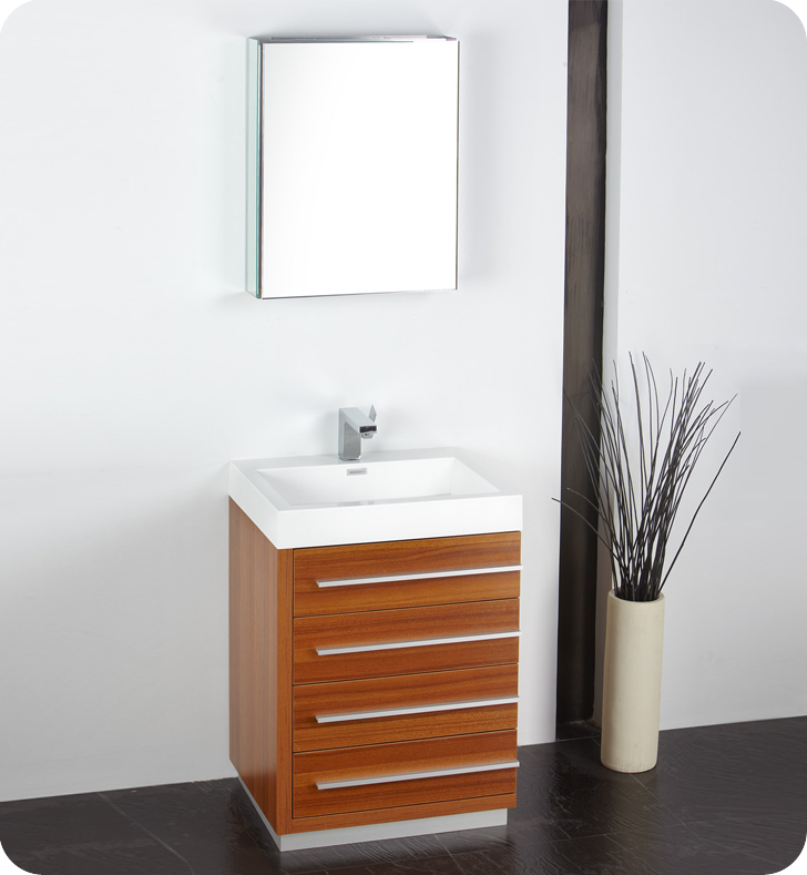 24" Teak Modern Bathroom Vanity with Faucet, Medicine Cabinet and Linen Side Cabinet Options