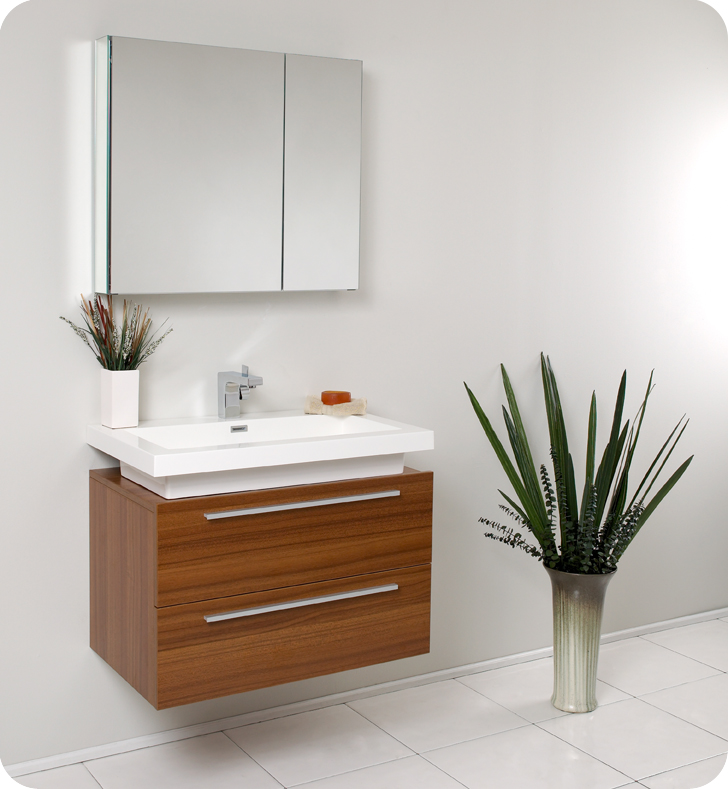 32" Teak Modern Bathroom Vanity with Faucet, Medicine Cabinet and Linen Side Cabinet Option