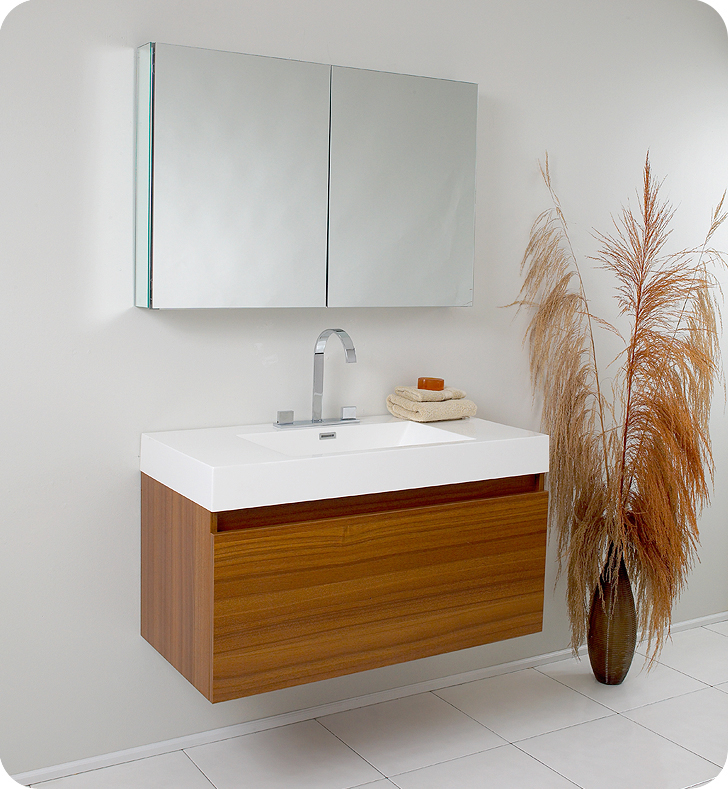 39" Teak Modern Bathroom Vanity with Faucet, Medicine Cabinet and Linen Side Cabinet Option