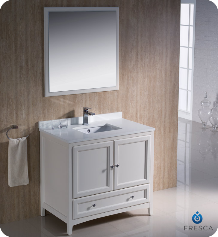 36" Antique White Traditional Bathroom Vanity with Top, Sink, Faucet and Linen Cabinet Option
