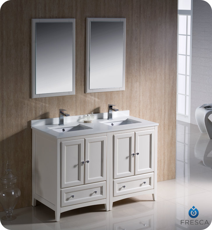 48" Antique White Traditional Double Sink Bathroom Vanity with Top, Sink, Faucet and Linen Cabinet Option