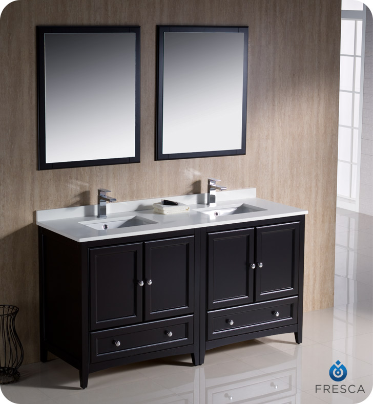 60" Espresso Traditional Double Bathroom Vanity with Top, Sink, Faucet and Linen Cabinet Option
