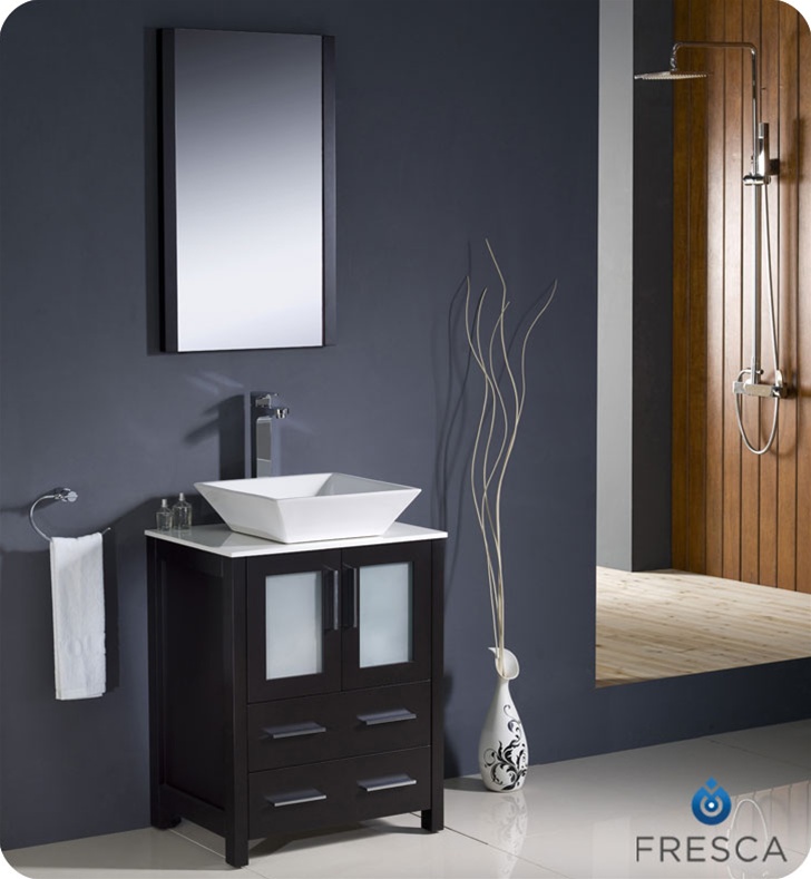 24" Espresso Modern Bathroom Vanity Vessel Sink with Faucet and Linen Side Cabinet Option