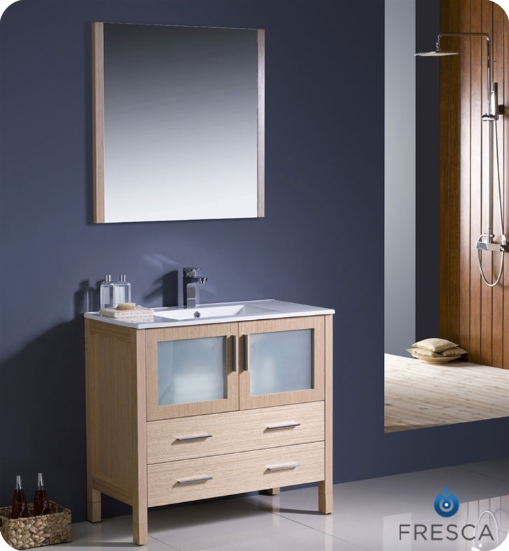 36" Light Oak Modern Bathroom Vanity with Faucet and Linen Side Cabinet Option