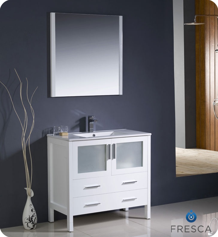 36" White Modern Bathroom Vanity with Faucet and Linen Side Cabinet Option