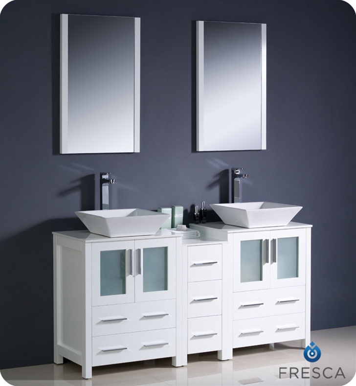 60" Modern Double Sink Bathroom Vanity Vessel Sink with Color, Faucet and Linen Side Cabinet Option
