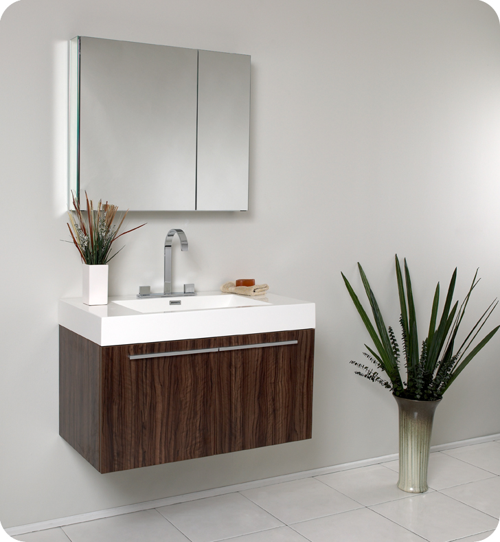 36" Walnut Modern Bathroom Vanity with Faucet, Medicine Cabinet and Linen Side Cabinet Option