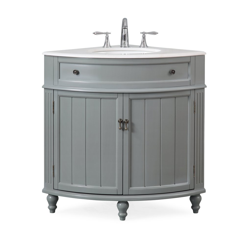 24" Gray Framhouse Corner Bathroom Vanity with White Marble Countertop