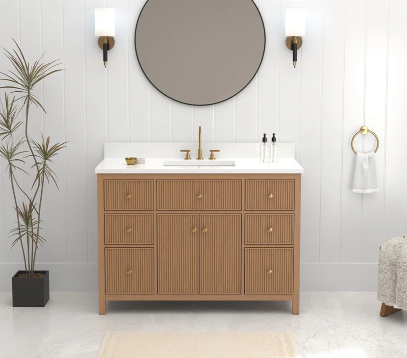 48 Inch Natural Oak Fluted Style Adelina Bathroom Vanity with White Quartz Top