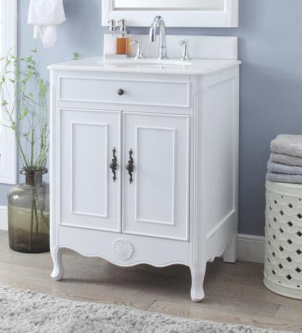 26 inch Adelina Cottage Style White Finish Bathroom Vanity Crystal White Marble Top 