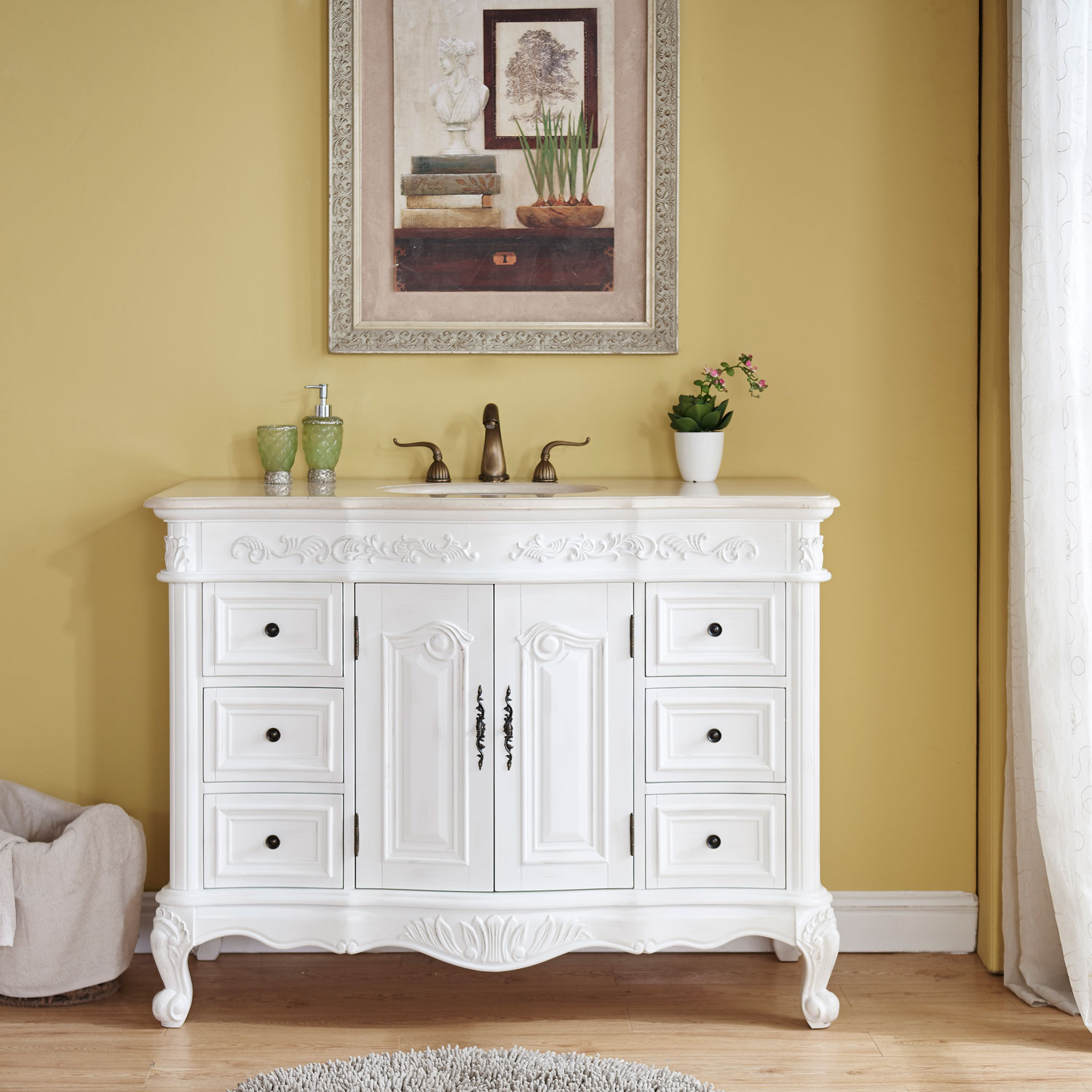 48" Antique White Single Sink Cabinet - Crema Marfil Top, Undermount White Ceramic Sink (3-hole)