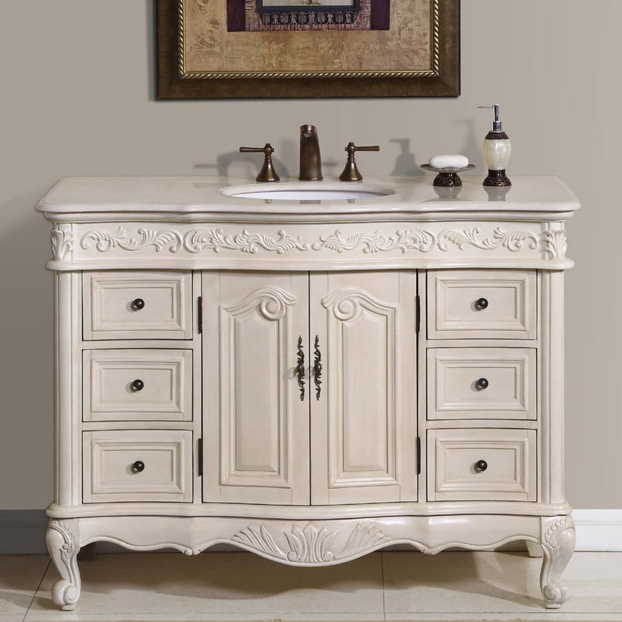 48" Antique White Single Sink Cabinet - Crema Marfil Top, Undermount White Ceramic Sink (3-hole)