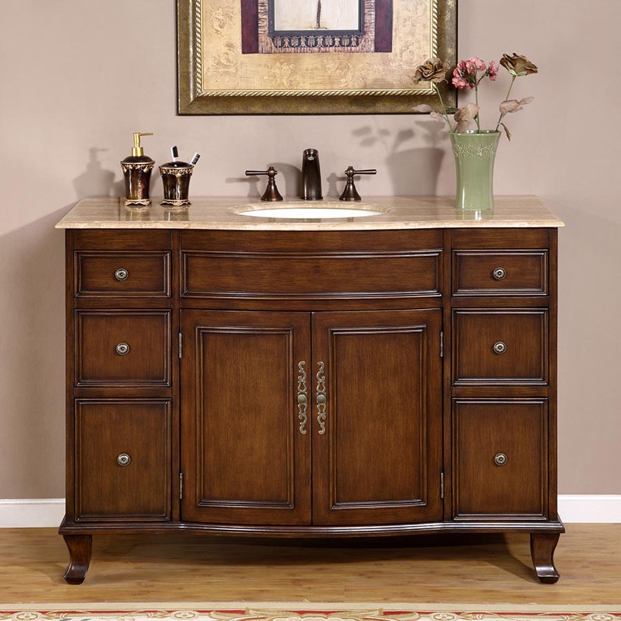 48" Single Sink Cabinet - Travertine Top, Undermount Ivory Ceramic Sink (3-hole)