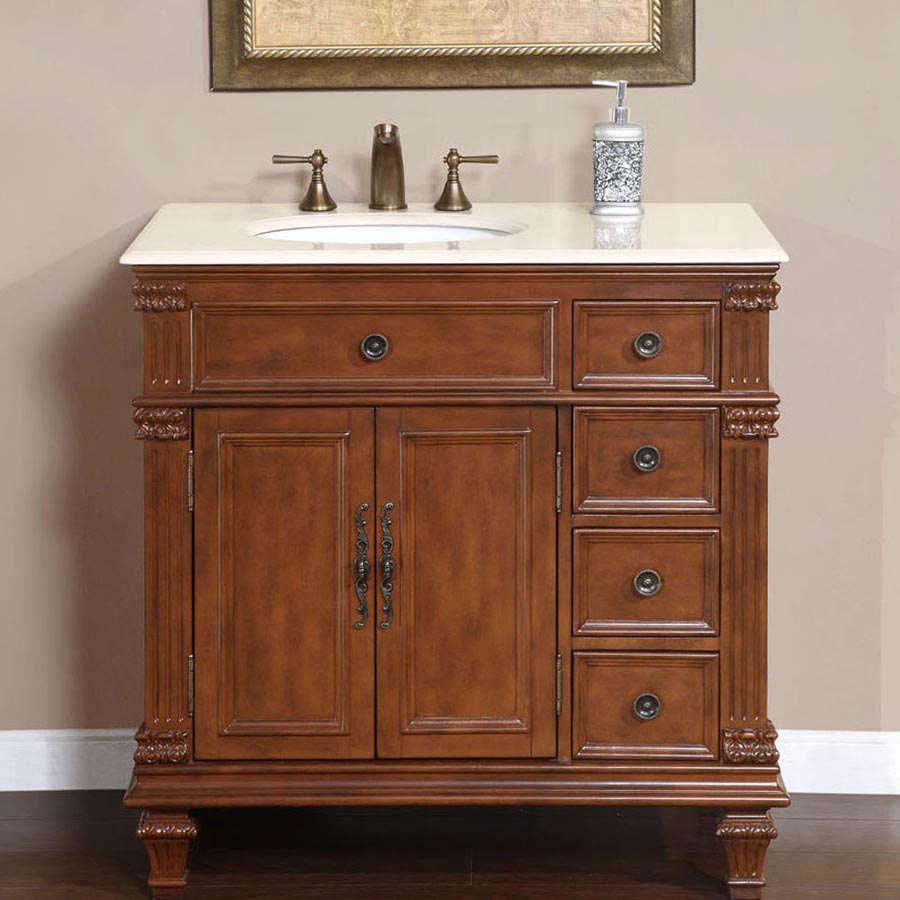 36" Single Sink Cabinet (Left Sink or Right Sink Option) - Crema Marfil Top, Undermount White Ceramic Sinks (3-hole)