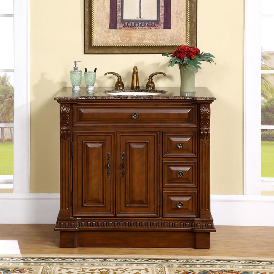 38" Single Sink Cabinet - Baltic Brown Top, Undermount Ivory Ceramic Sinks (3-hole)