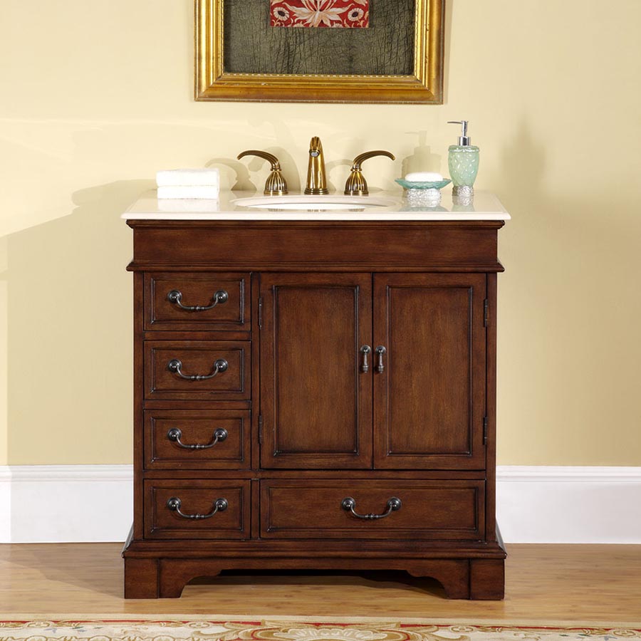 36" Single Sink Cabinet - Crema Marfil Top, Undermount Ivory Ceramic Sinks (3-hole)