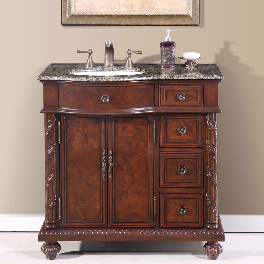 36" Single Sink Cabinet (Left Sink or Right Sink Option) - Baltic Brown Top, Undermount White Ceramic Sinks (3-hole)