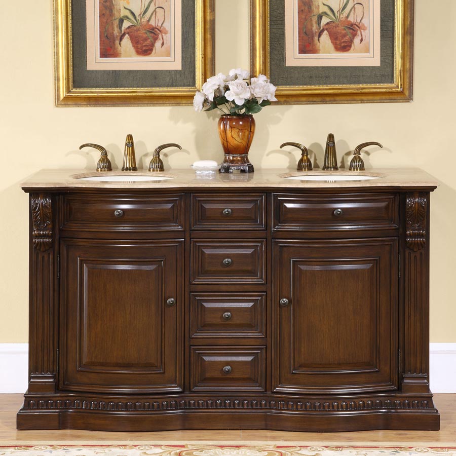Accord Antique 60 inch Double Sink Bathroom Dark American Walnut Vanity with Travertine Counter Top 