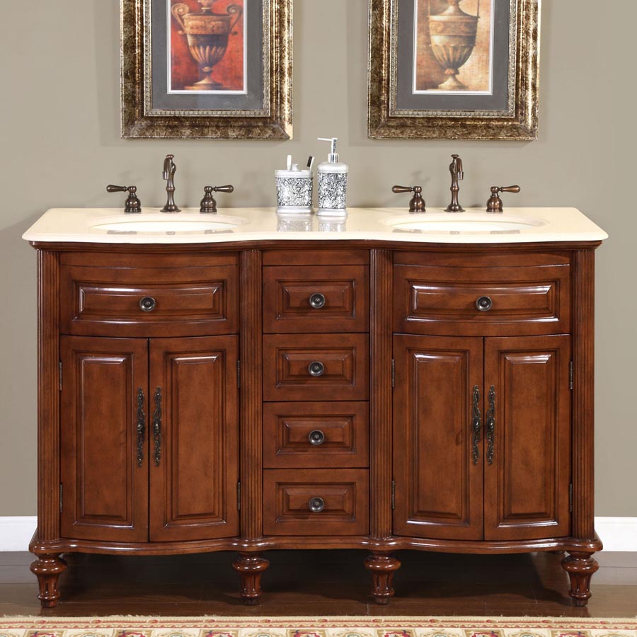 55" Double Sink Cabinet - Crema Marfil Top, Undermount Ivory Ceramic Sinks (3-hole)