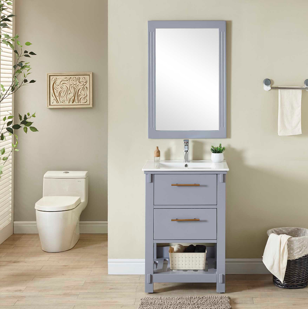 24" Single Sink Bathroom Vanity in Grey Finish with Ceramic Top - No Faucet